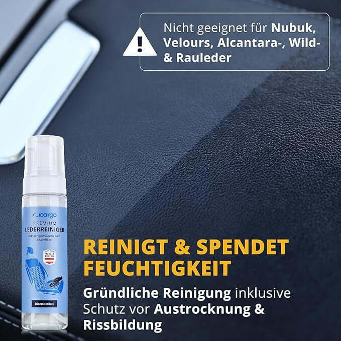 Lederreiniger Auto – Reinigungsschaum für Glatt- & Kunstleder – 200ml, reinigt und spendet Feuchtigkeit.
