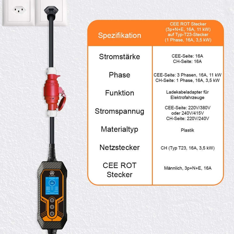 Adapterkabel CEE 16/5 zu T23 - 16A EV-Ladekabel mit Spezifikationen und Anschlüssen.