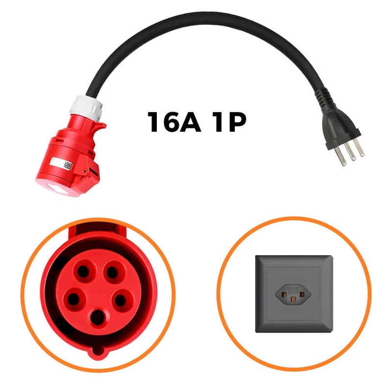 Adapterkabel CEE 16/5 zu T23 - 16A EV-Ladekabel auf einem schwarzen Hintergrund mit Steckertypen.