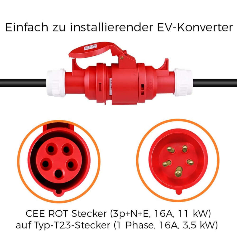 Adapterkabel CEE 16/5 zu T23 - 16A EV-Ladekabel mit CEE Rot Stecker und Typ-T23 Stecker.