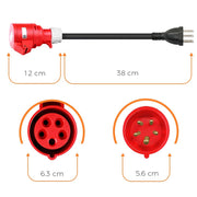 Adapterkabel CEE 16/5 zu T23 - 16A EV-Ladekabel mit Abmessungen und Steckverbindungen