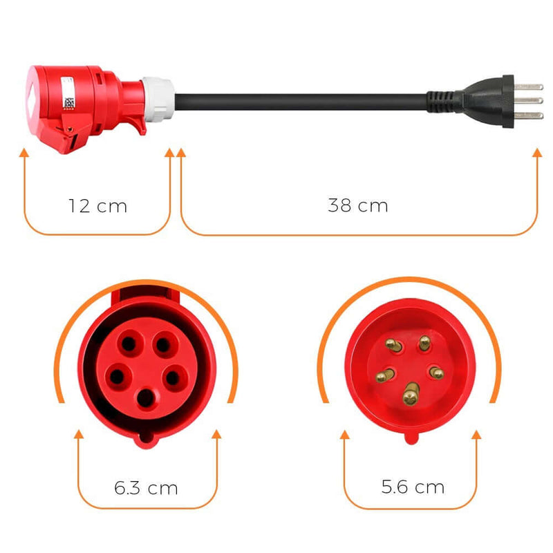 Adapterkabel CEE 16/5 zu T23 - 16A EV-Ladekabel mit Abmessungen und Steckverbindungen