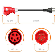 Adapterkabel CEE 16/5 zu T12/T13 - 10A EV-Ladekabel mit Maße und Steckertypen
