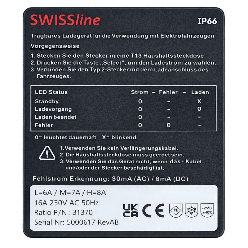 Ladekabel Electric Notladekabel T13 - Typ 2 Ratio Electric Swissline | e - car - shop.ch